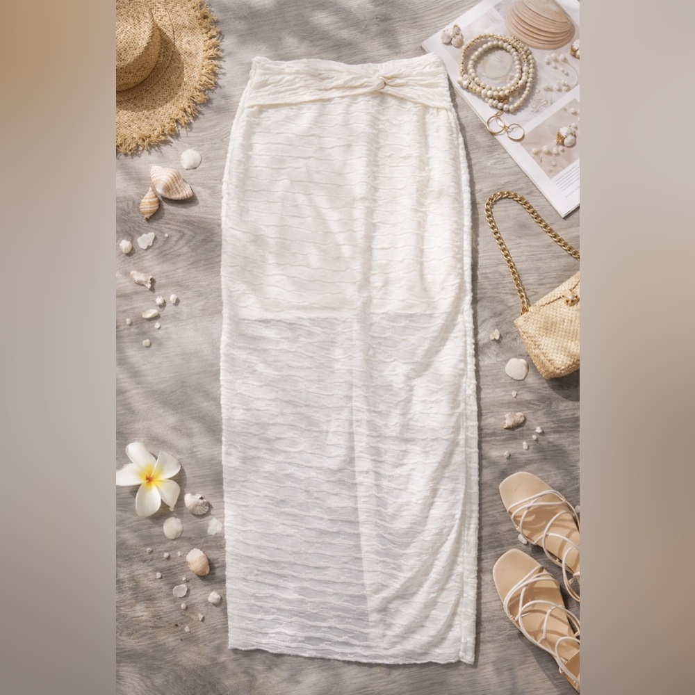 Ivory Textured Bodycon Midi Skirt Twist Waist Bridal Minimalist Size S